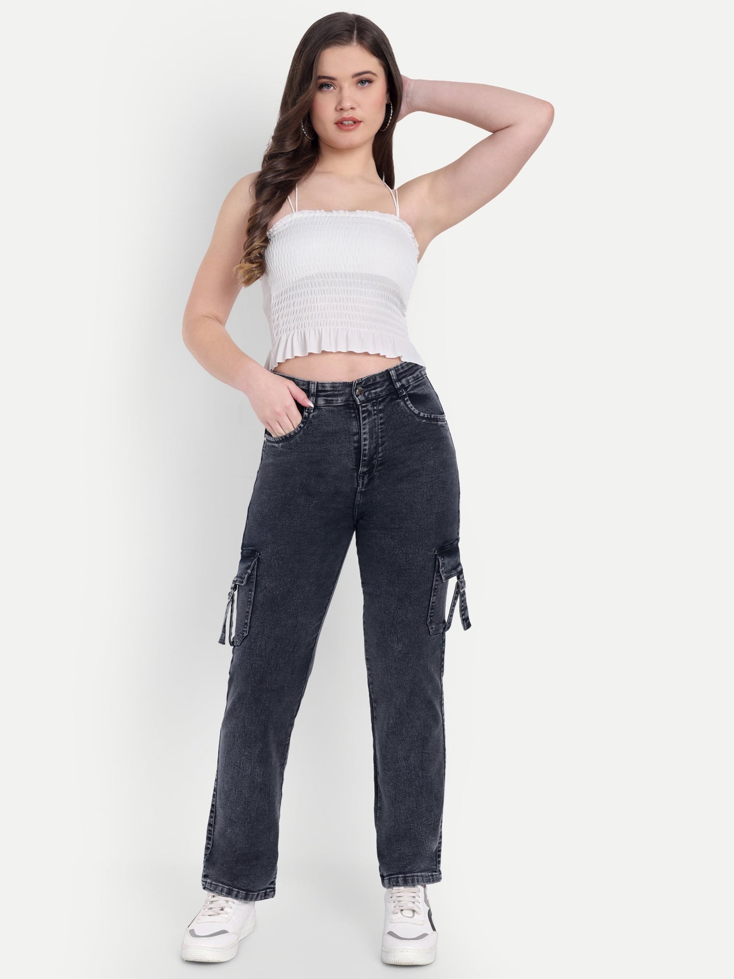Dickkny AW Black High Rise Regular Denim Blend Six Pocket Cargos