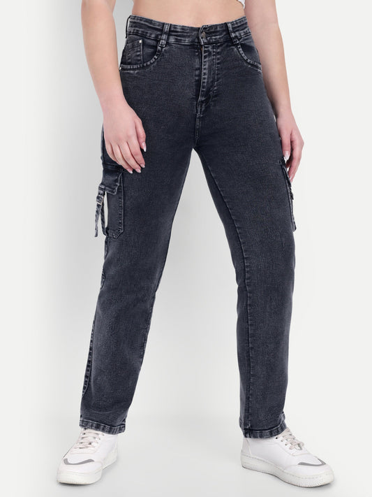 Dickkny AW Black High Rise Regular Denim Blend Six Pocket Cargos Front