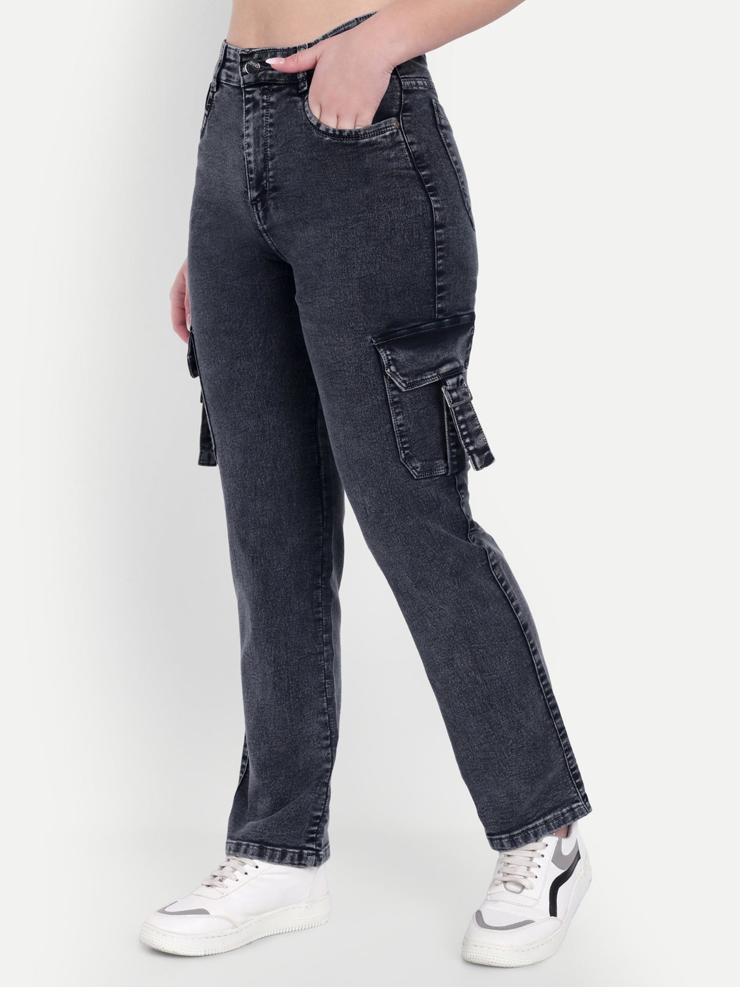 Dickkny AW Black High Rise Regular Denim Blend Six Pocket Cargos Side
