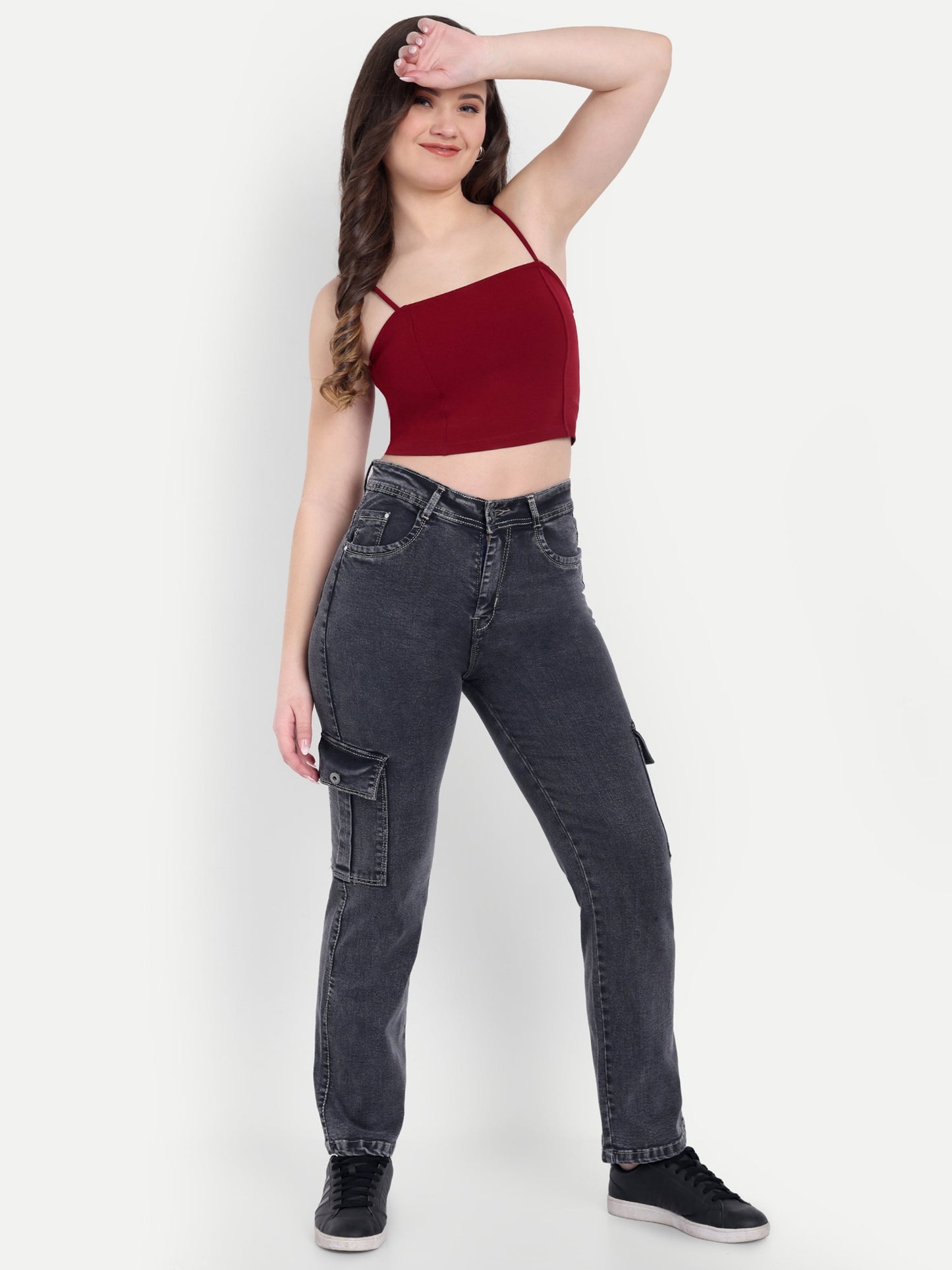 Dickkny AW Gray High Rise Regular Denim Blend Six Pocket Cargos