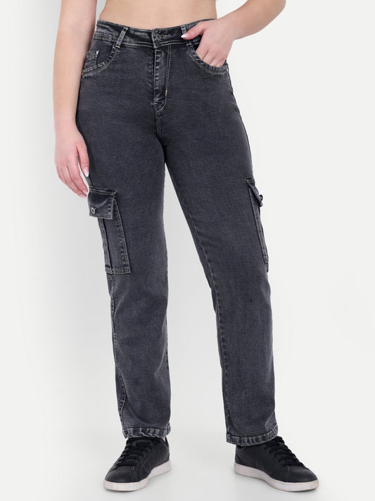 Dickkny AW Gray High Rise Regular Denim Blend Six Pocket Cargos Front