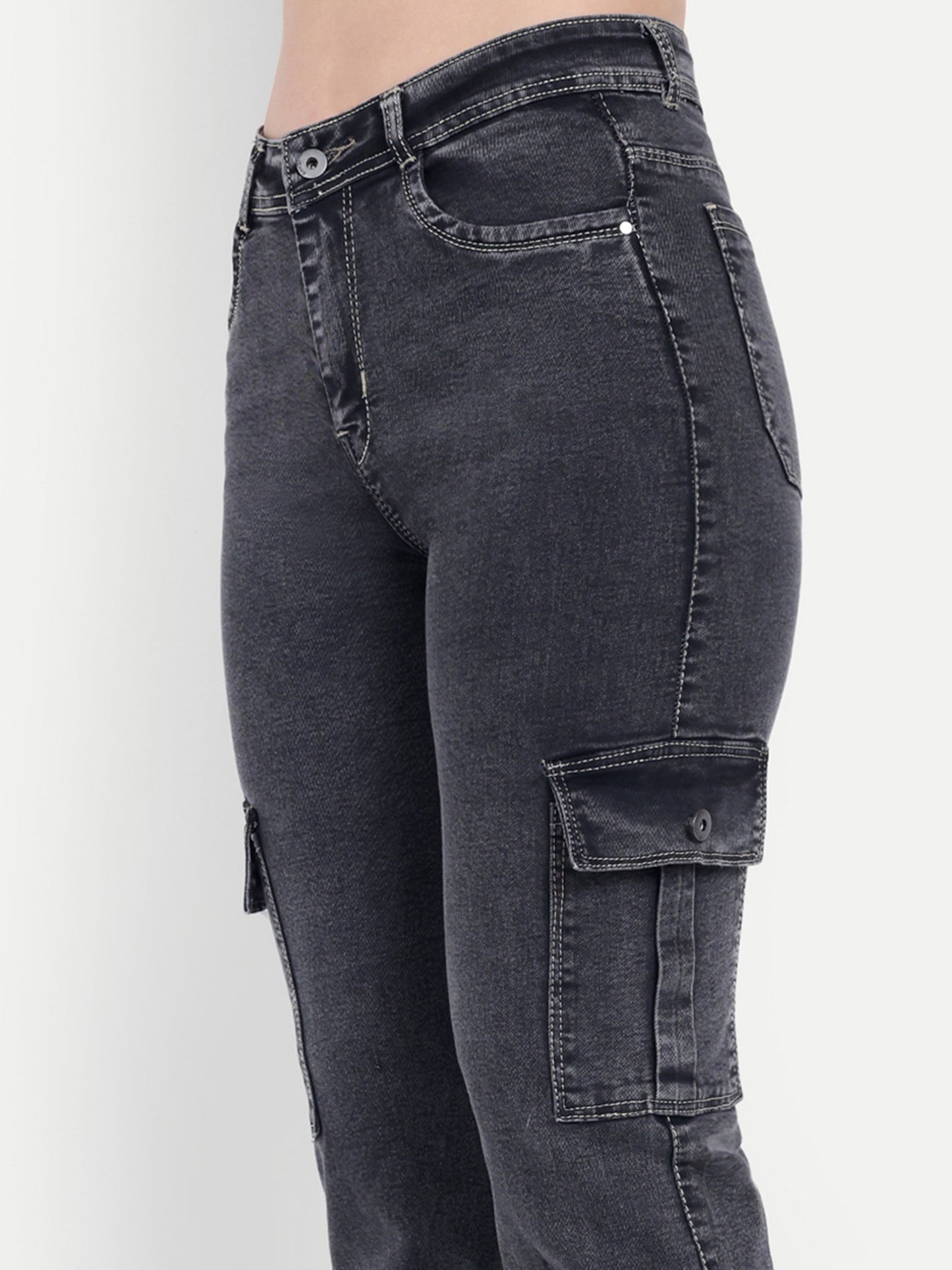 Dickkny AW Gray High Rise Regular Denim Blend Six Pocket Cargos Pocket