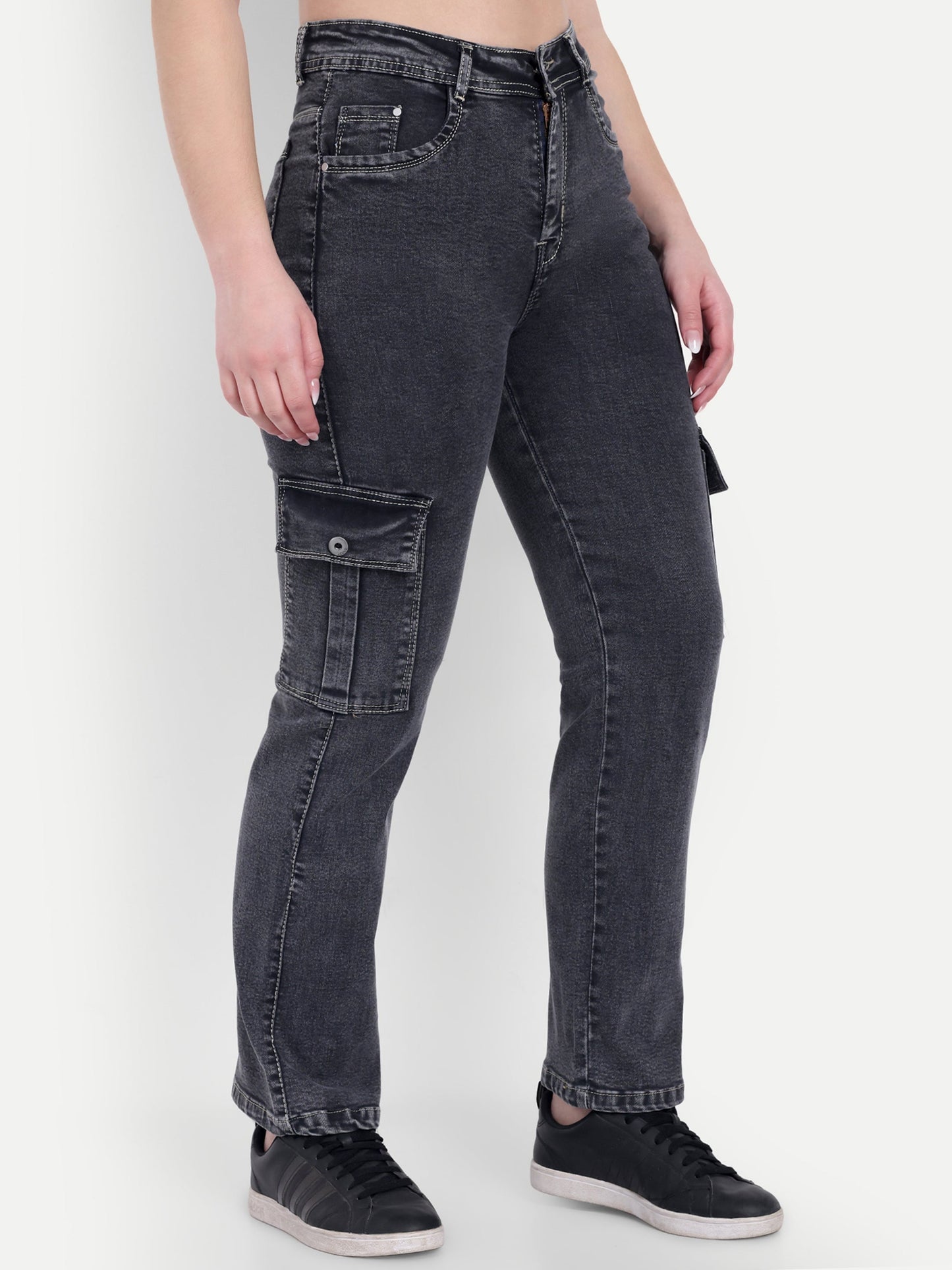 Dickkny AW Gray High Rise Regular Denim Blend Six Pocket Cargos Side