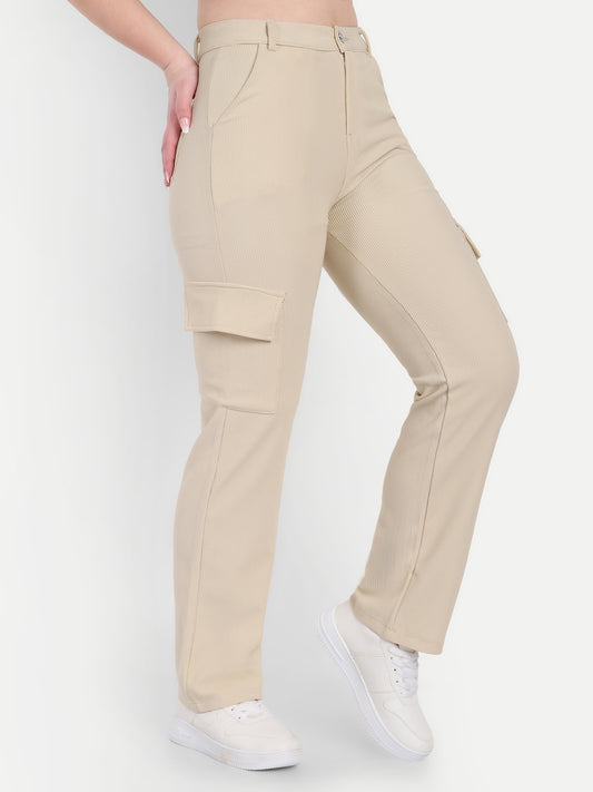Dickkny Beige High Rise Regular Code Fabric Six Pocket Cargos Side