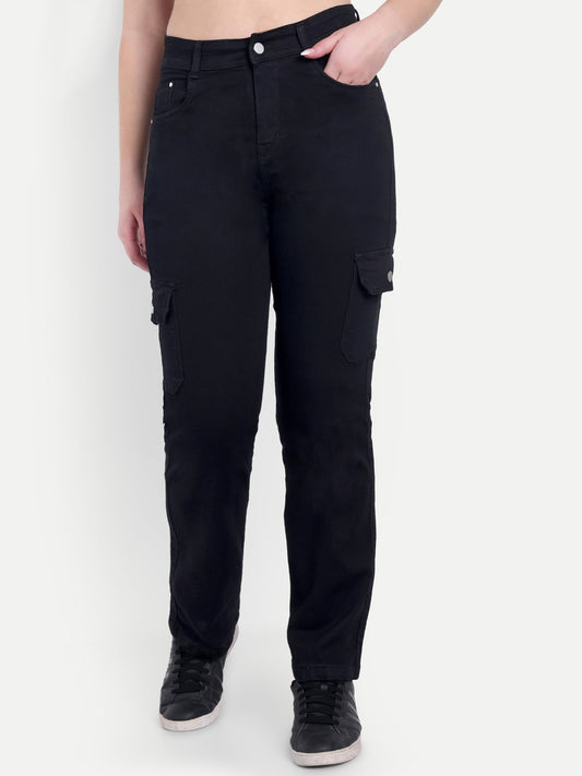 Dickkny Black High Rise Regular Denim Blend Six Pocket Cargos Front