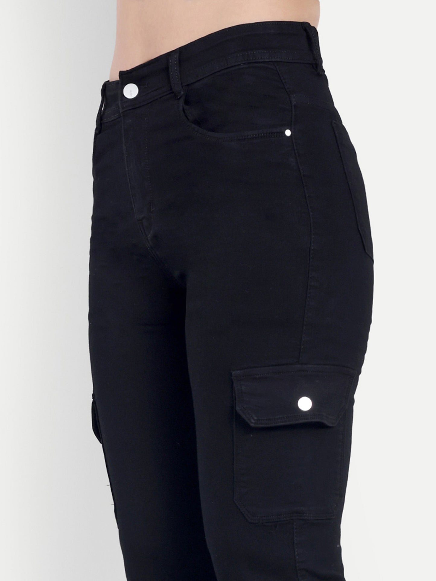 Dickkny Black High Rise Regular Denim Blend Six Pocket Cargos Pocket