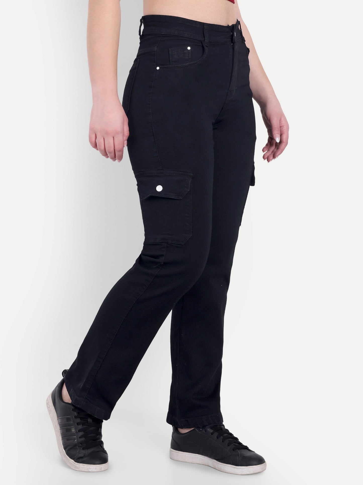 Dickkny Black High Rise Regular Denim Blend Six Pocket Cargos Side