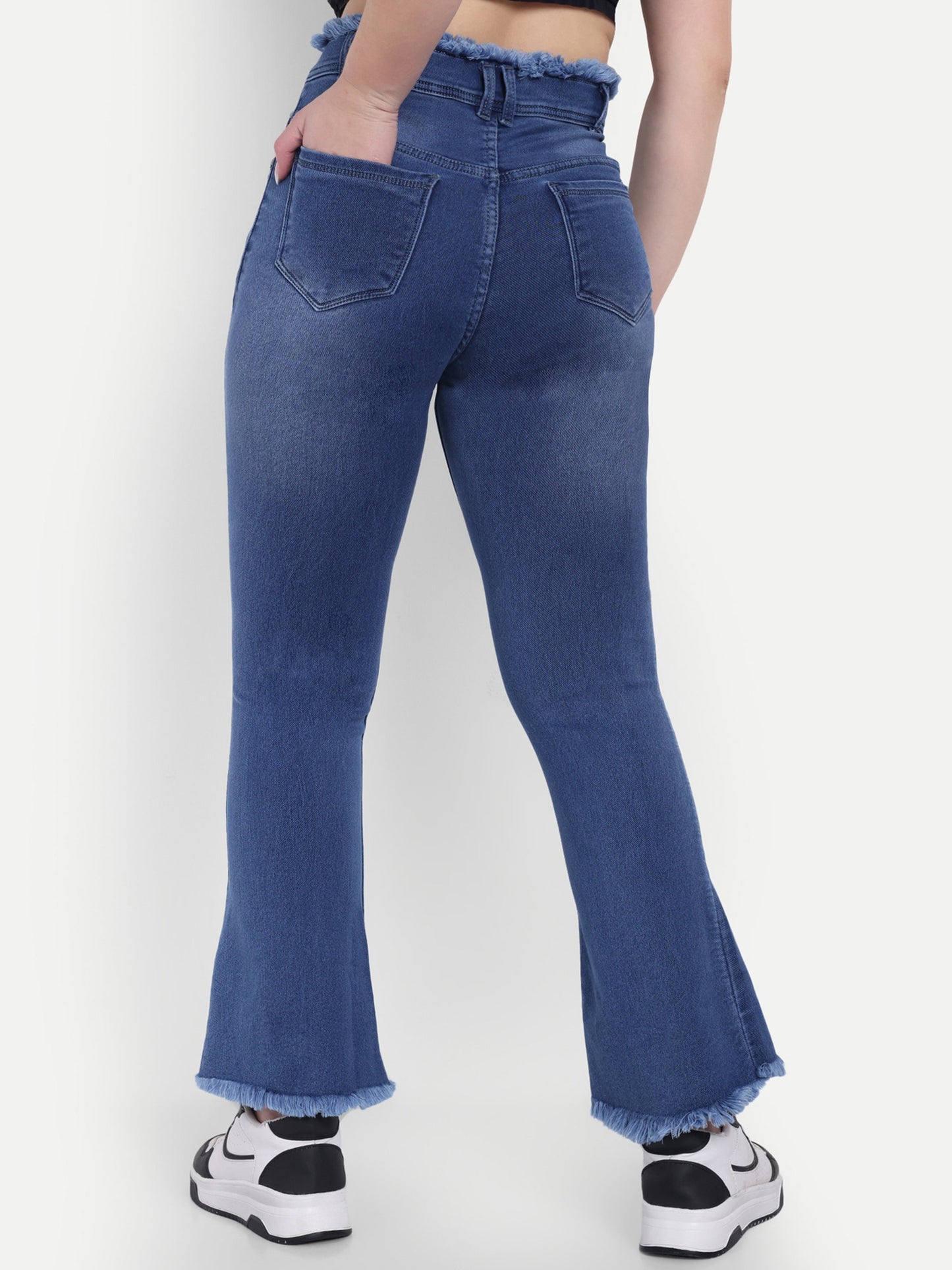 Dickkny Blue High Rise Regular Denim Blend Bell Bottom Jeans Back