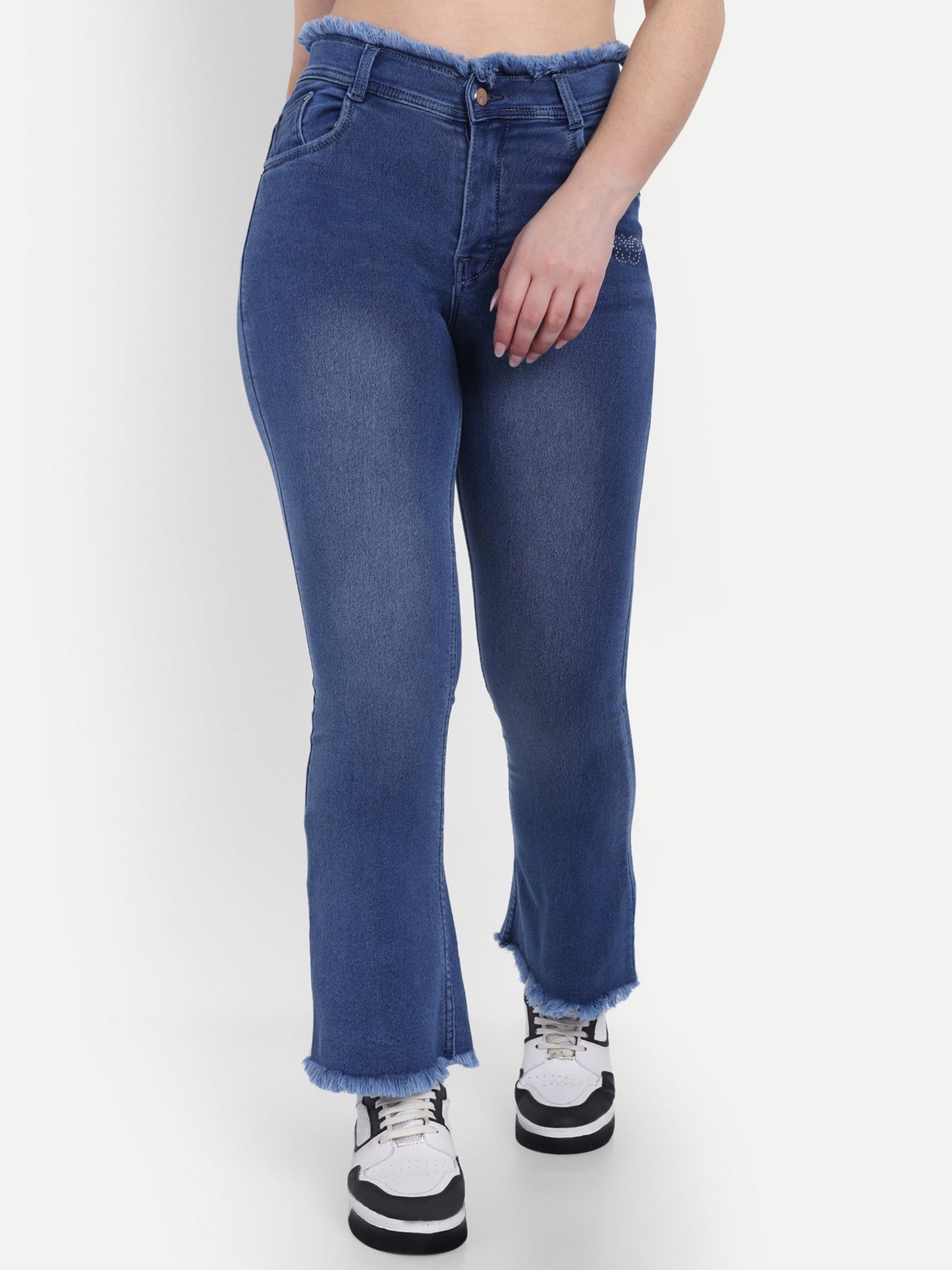 Dickkny Blue High Rise Regular Denim Blend Bell Bottom Jeans Front