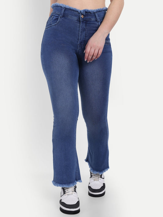 Dickkny Blue High Rise Regular Denim Blend Bell Bottom Jeans Front