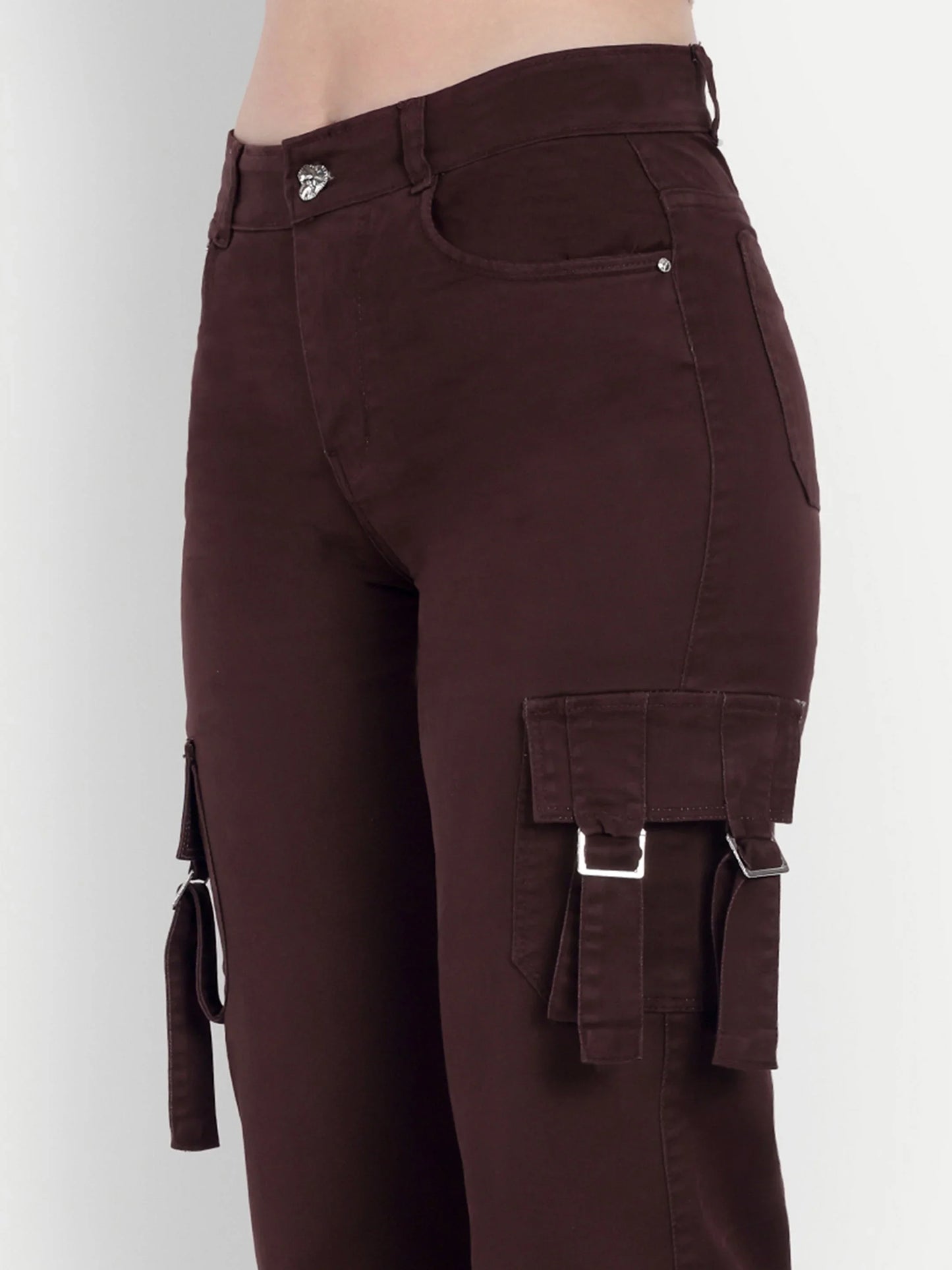 Dickkny Coffee Color High Rise Regular Denim Blend Cargos Pocket