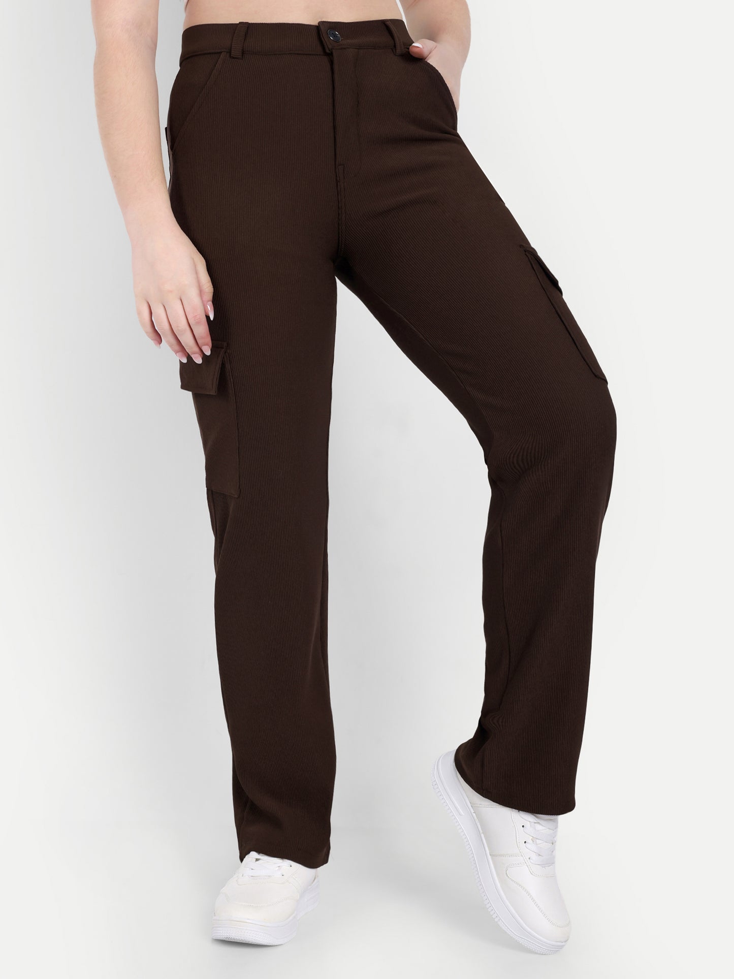 Dickkny Coffee High Rise Regular Code Fabric Six Pocket Cargos Front
