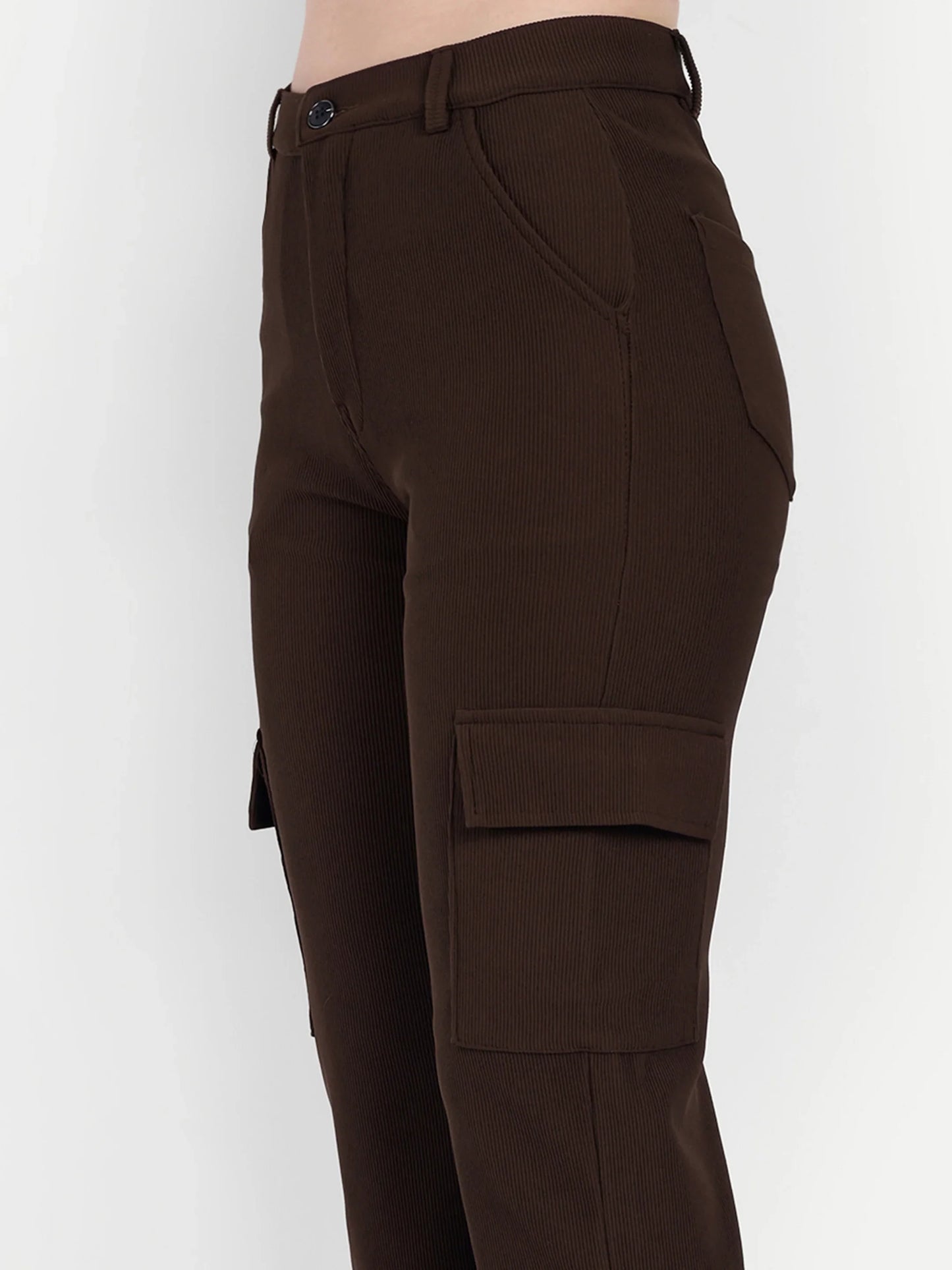 Dickkny Coffee High Rise Regular Code Fabric Six Pocket Cargos Pocket