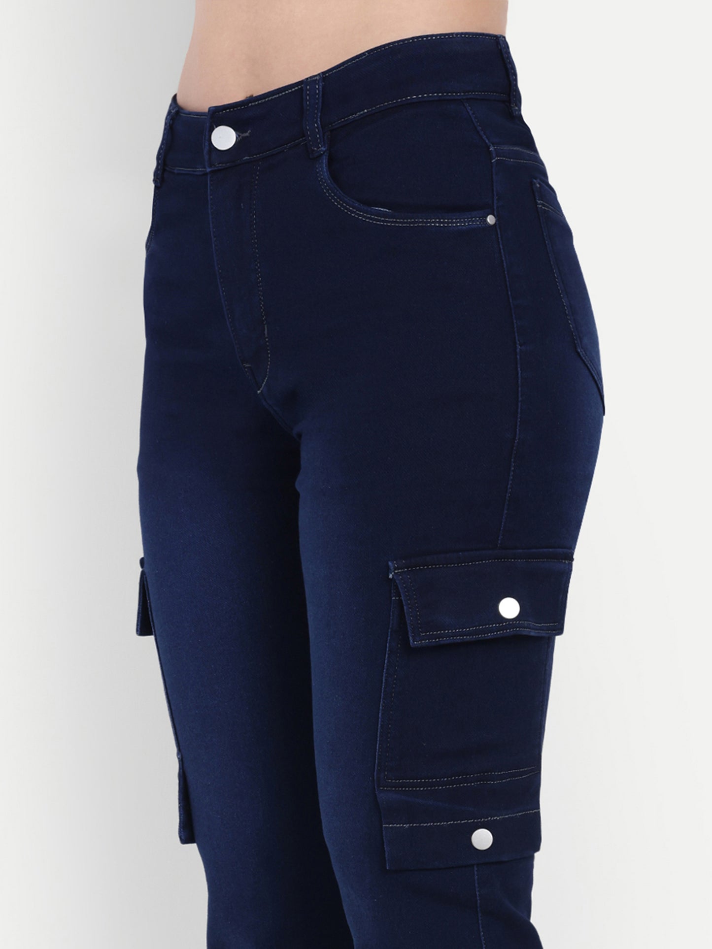 Dickkny Dark Blue High Rise Regular Denim Blend Cargos Pocket