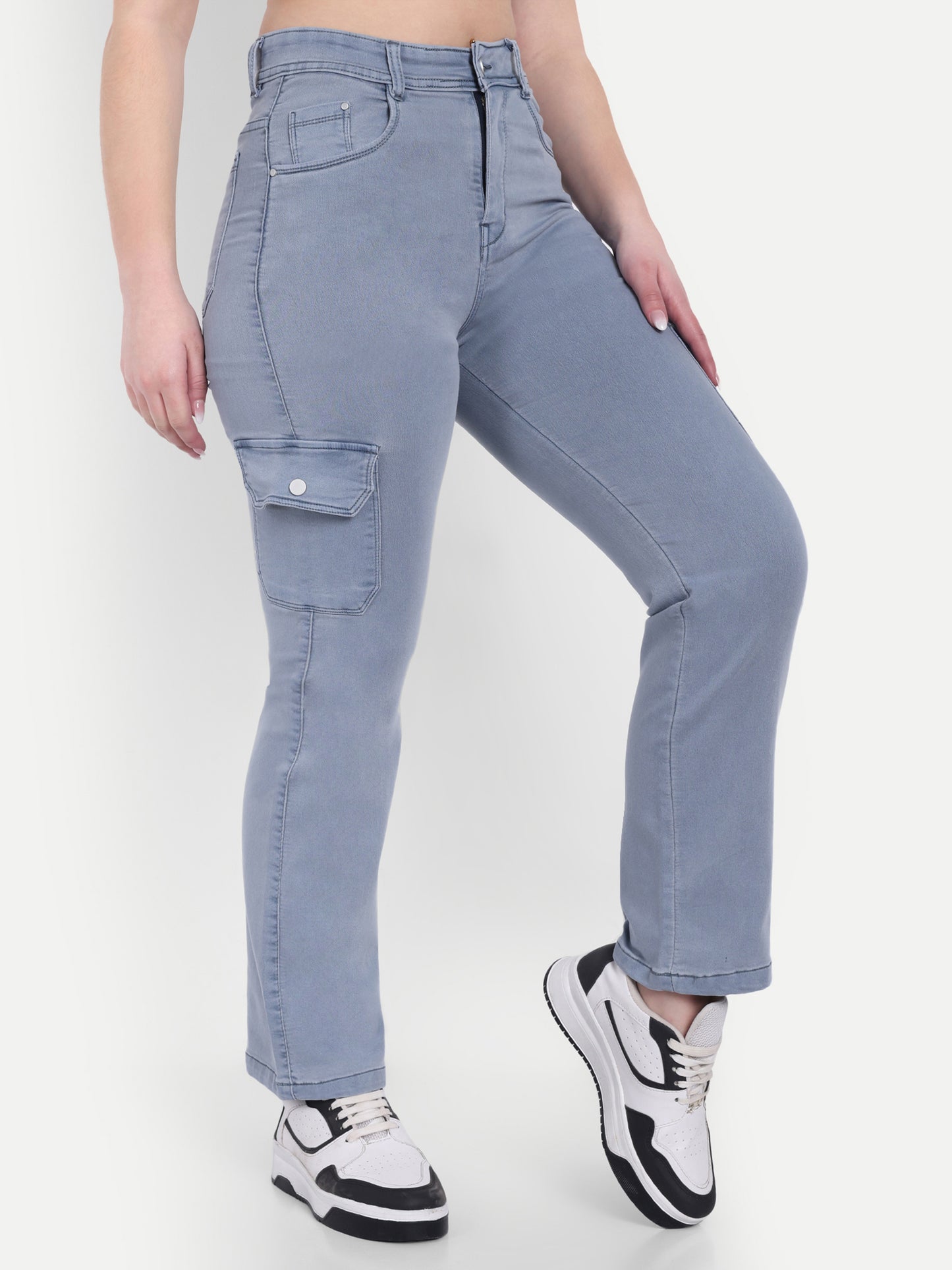 Dickkny Grey High Rise Regular Denim Blend Six Pocket Cargos 5007 Front