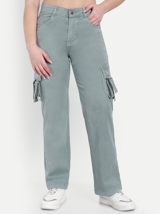 Dickkny Pista Green Color High Rise Regular Denim Blend Cargos Front