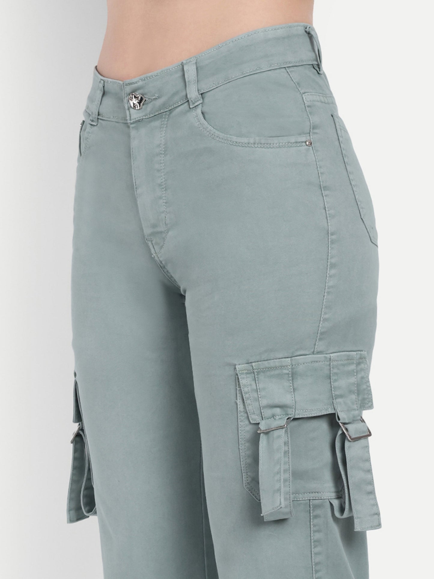 Dickkny Pista Green Color High Rise Regular Denim Blend Cargos Pocket