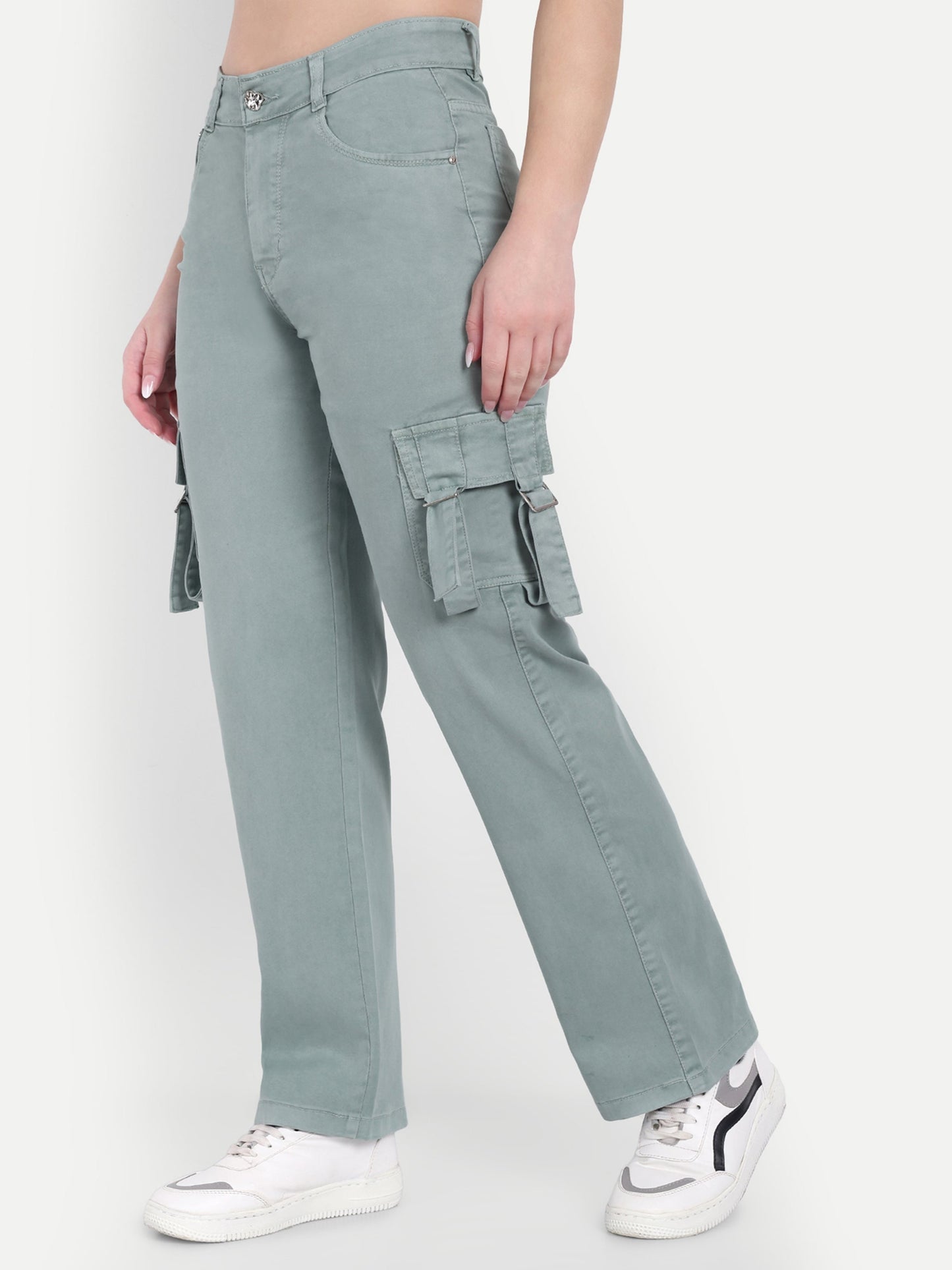 Dickkny Pista Green Color High Rise Regular Denim Blend Cargos Side