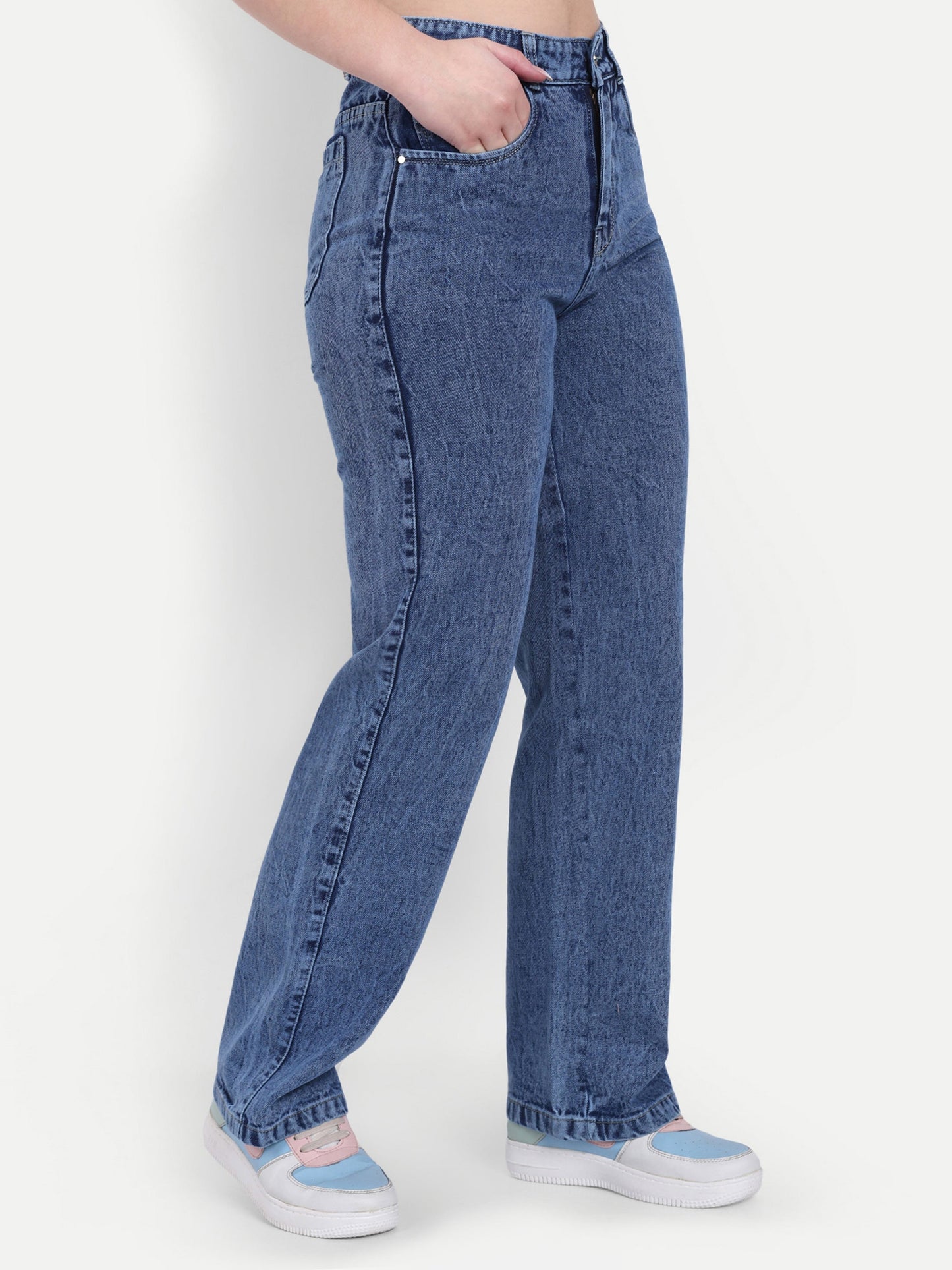 Dickkny Relaxed Fit Blue High Rise Regular Cotton Denim Jeans Side