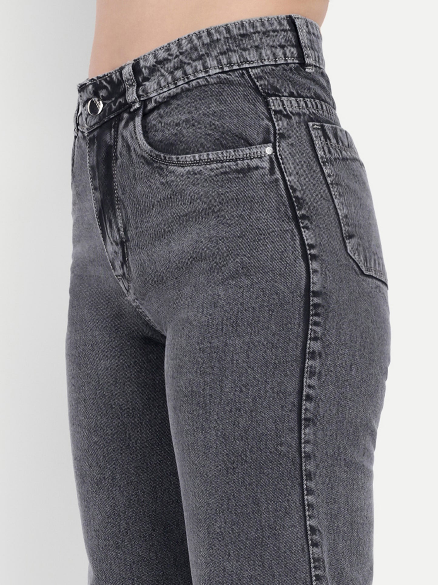 Dickkny Relaxed Fit Grey High Rise Regular Cotton Denim Jeans Pocket View