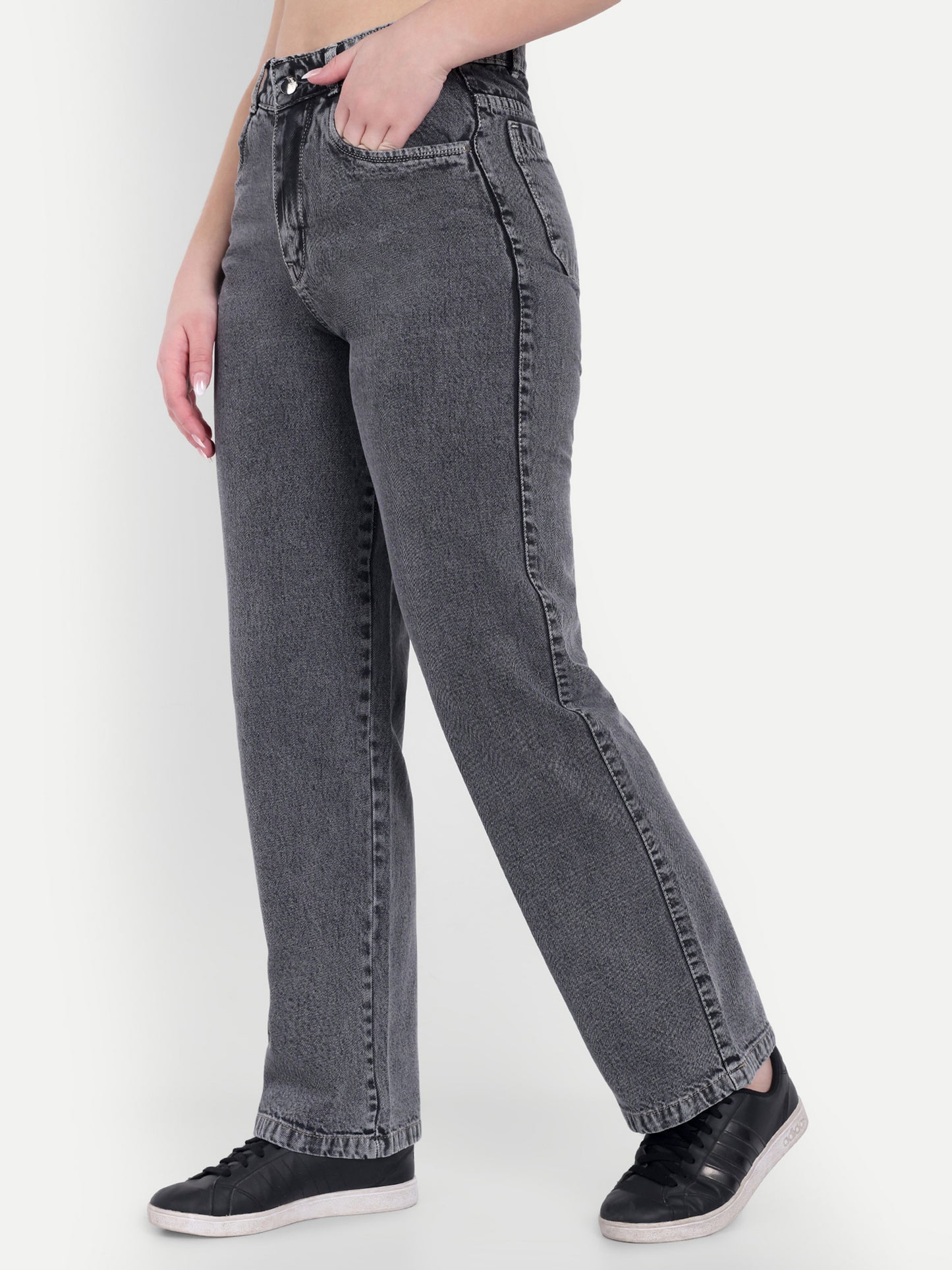 Dickkny Relaxed Fit Grey High Rise Regular Cotton Denim Jeans Side View
