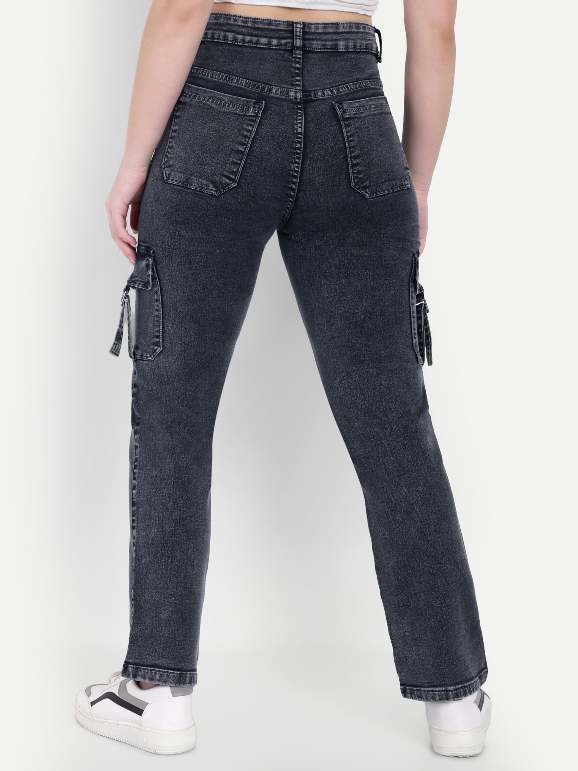Dickkny AW Black High Rise Regular Denim Blend Six Pocket Cargos Back