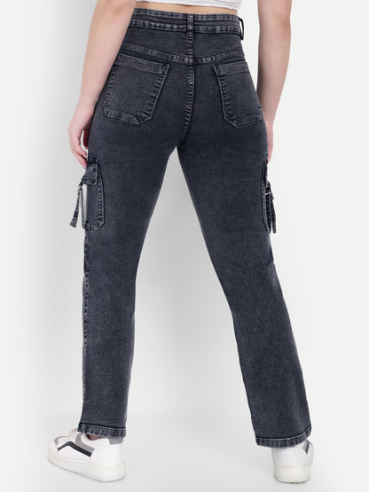 Dickkny AW Black High Rise Regular Denim Blend Six Pocket Cargos Back