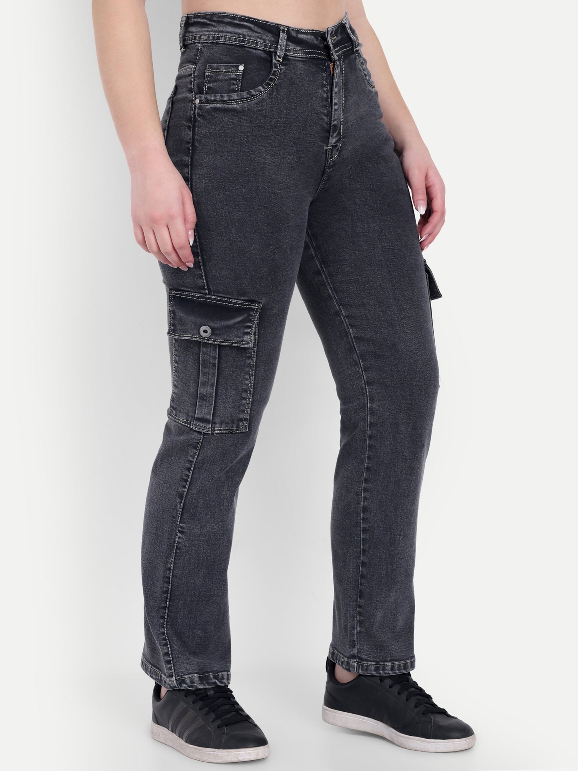 Dickkny AW Gray High Rise Regular Denim Blend Six Pocket Cargos Side 