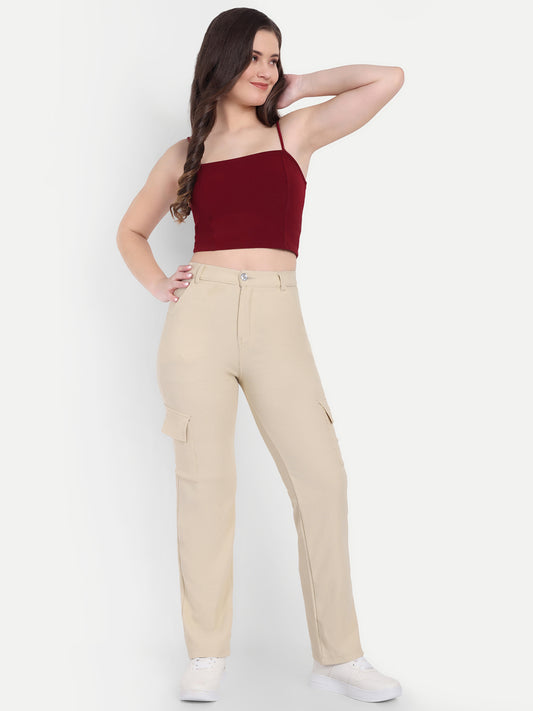 Dickkny Beige High Rise Regular Code Fabric Six Pocket Cargos