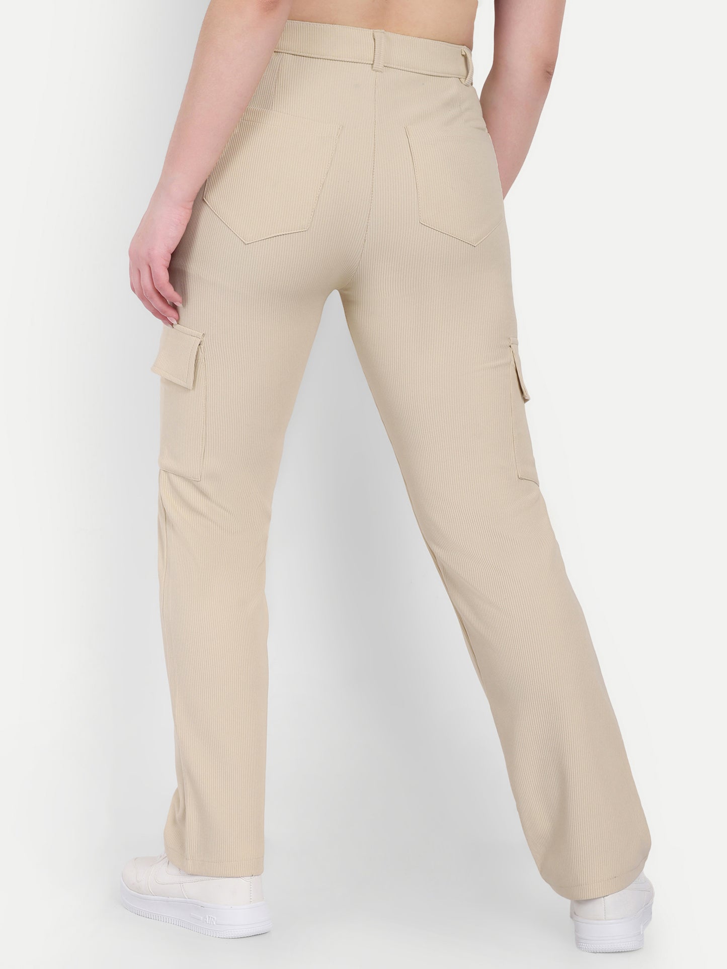 Dickkny Beige High Rise Regular Code Fabric Six Pocket Cargos Back