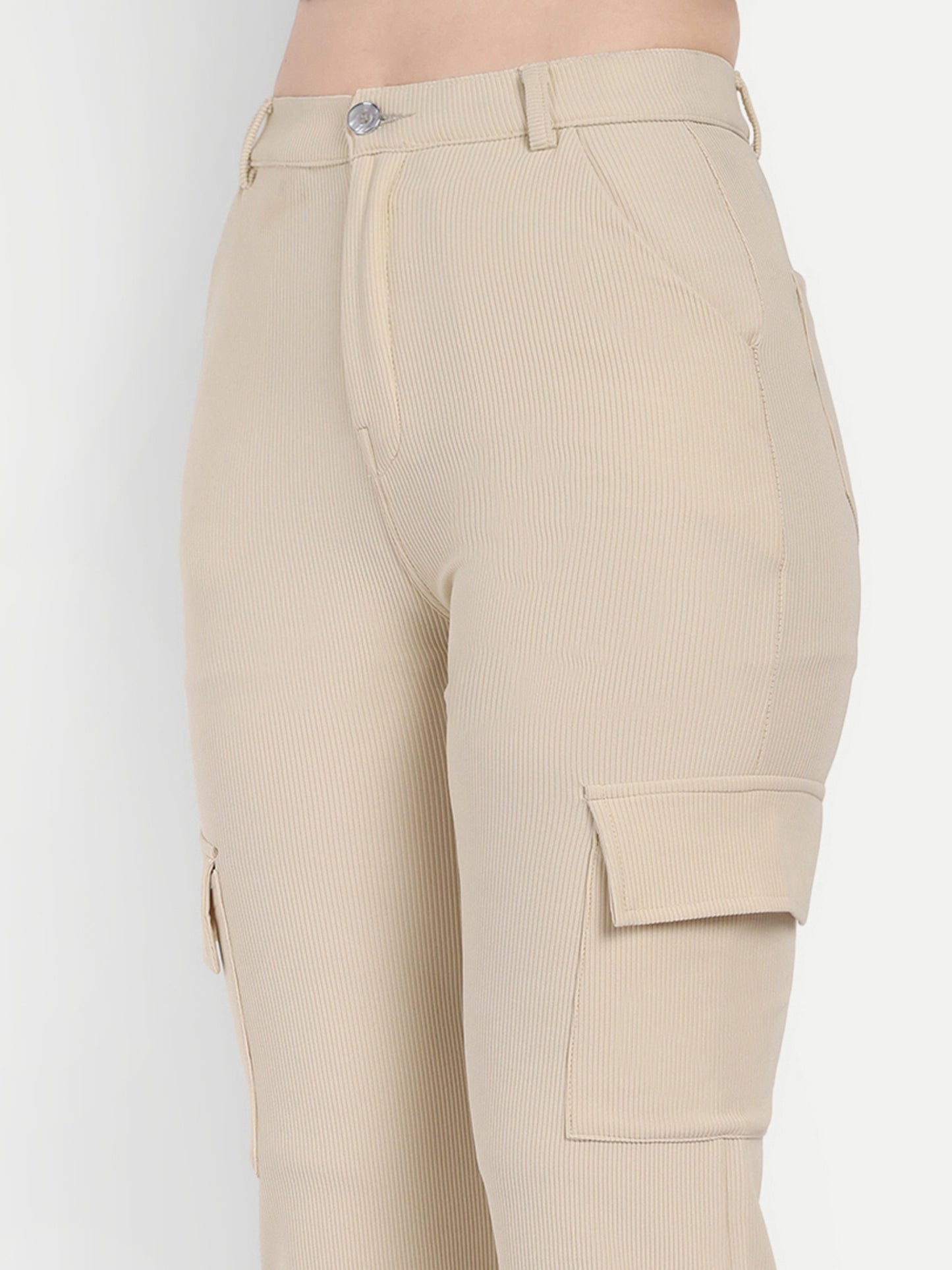 Dickkny Beige High Rise Regular Code Fabric Six Pocket Cargos Pocket