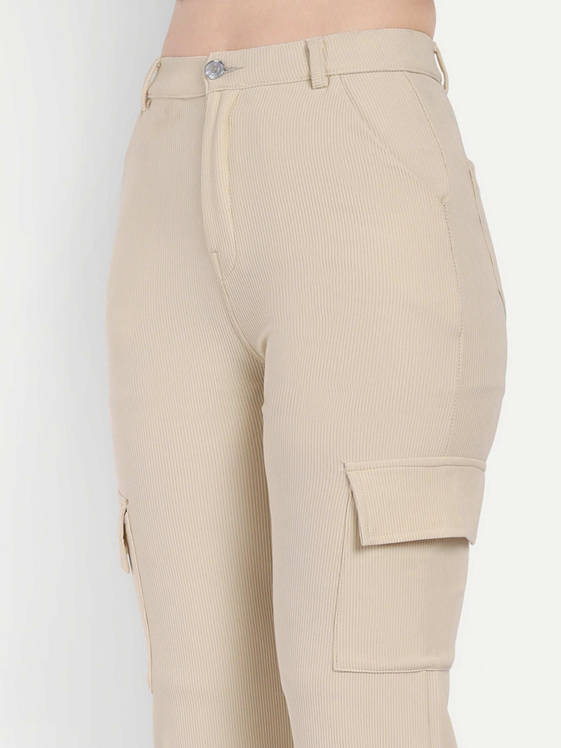 Dickkny Beige High Rise Regular Code Fabric Six Pocket Cargos Pocket
