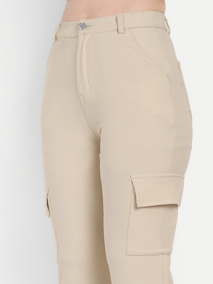 Dickkny Beige High Rise Regular Code Fabric Six Pocket Cargos Pocket