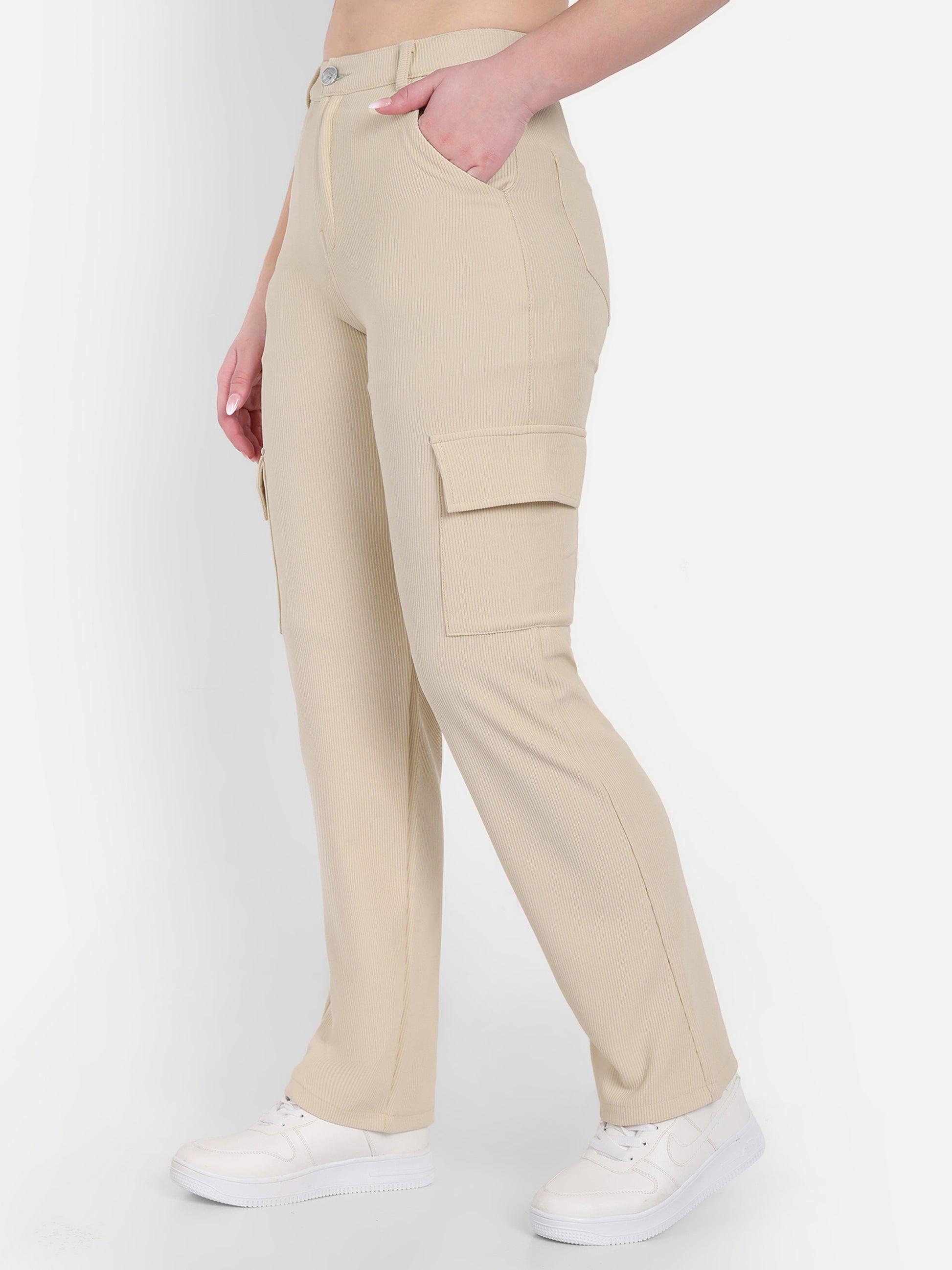 Dickkny Beige High Rise Regular Code Fabric Six Pocket Cargos R Side