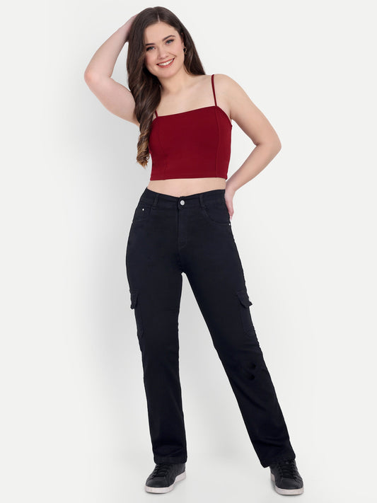 Dickkny Black High Rise Regular Denim Blend Six Pocket Cargos