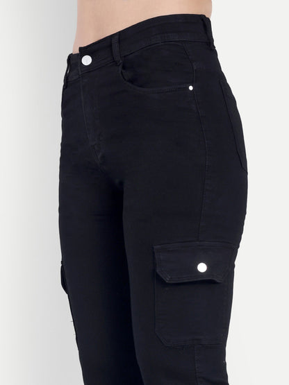 Dickkny Black High Rise Regular Denim Blend Six Pocket Cargos Pocket