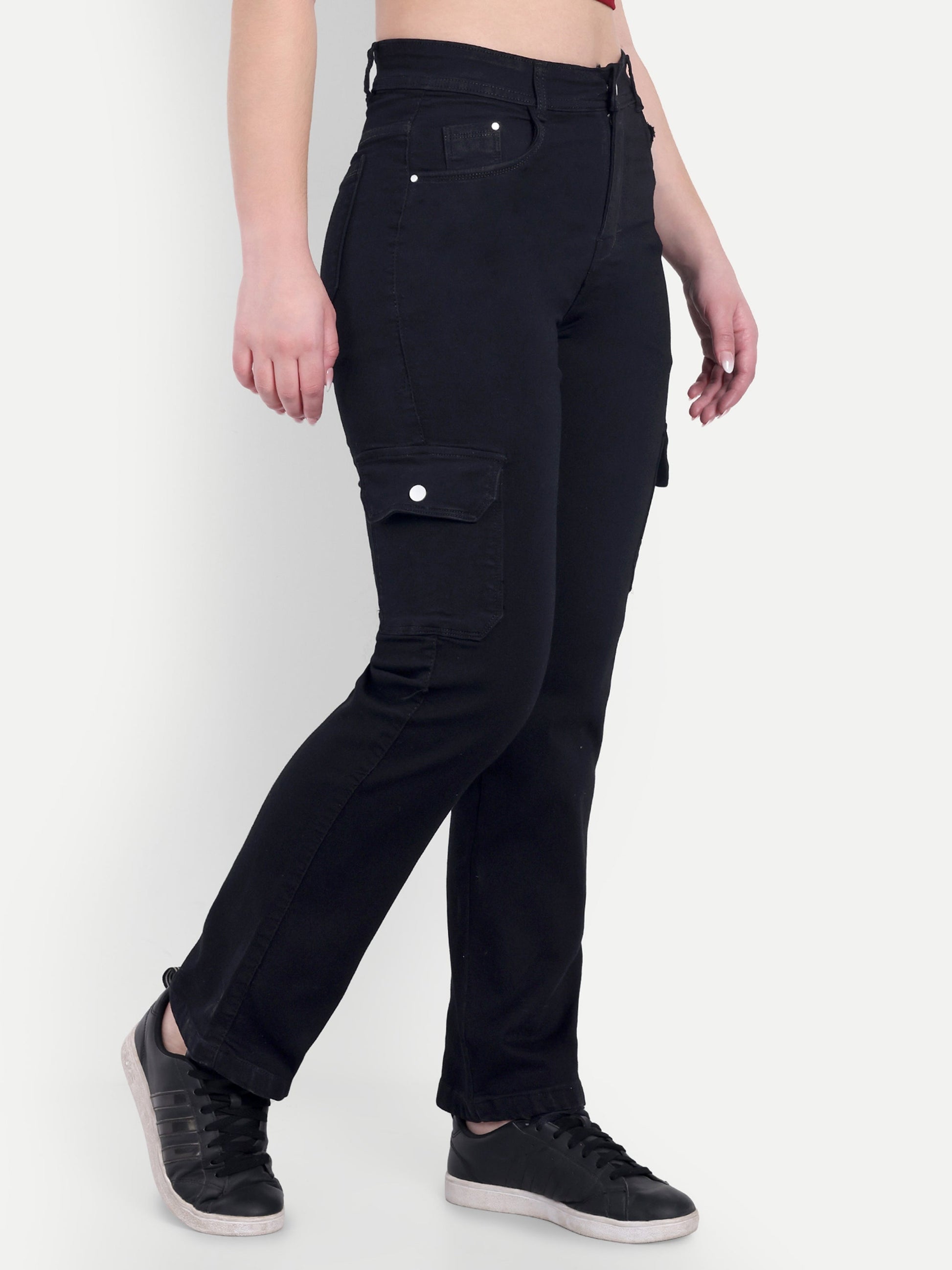 Dickkny Black High Rise Regular Denim Blend Six Pocket Cargos Side