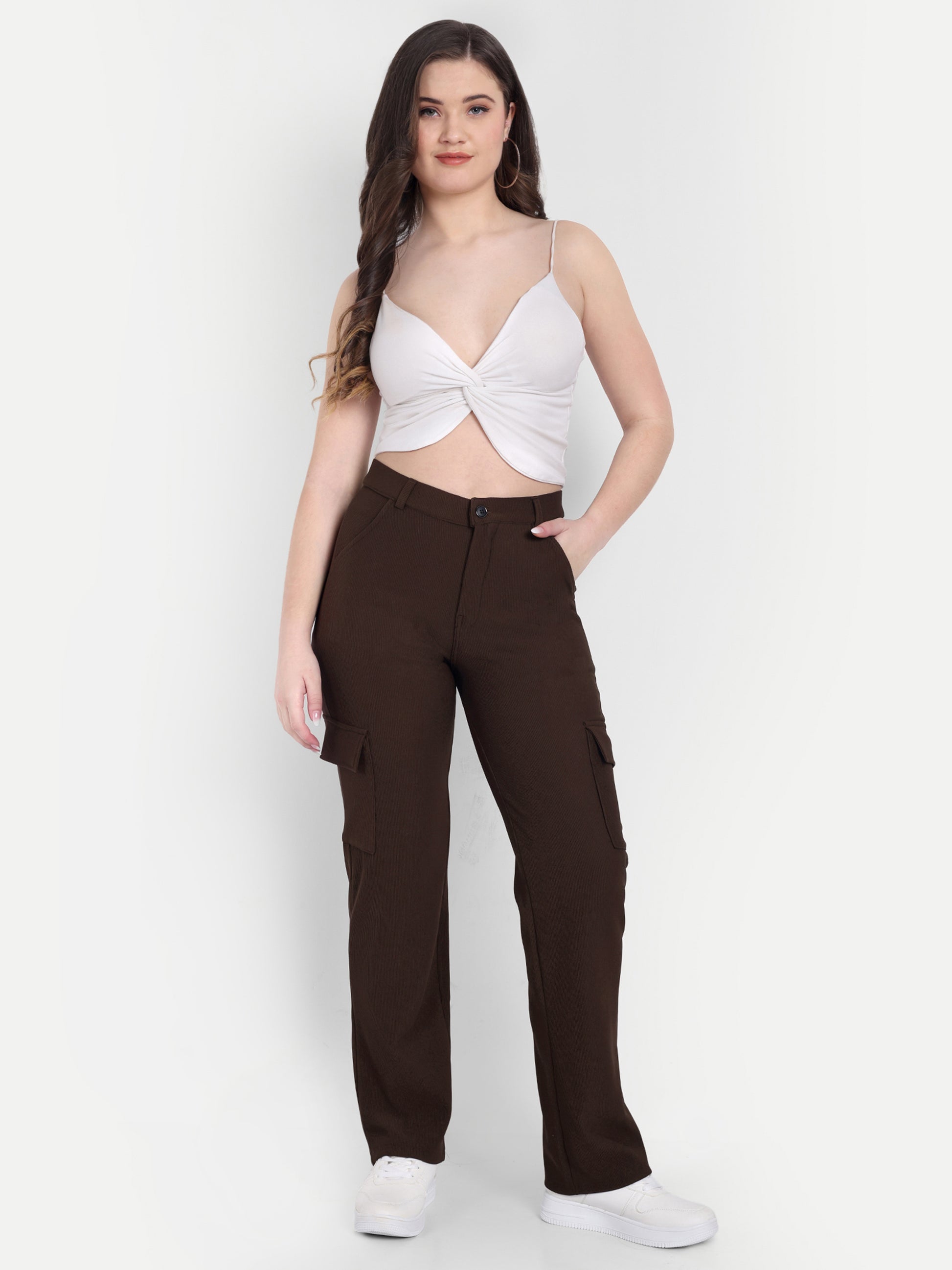 Dickkny Coffee High Rise Regular Code Fabric Six Pocket Cargos