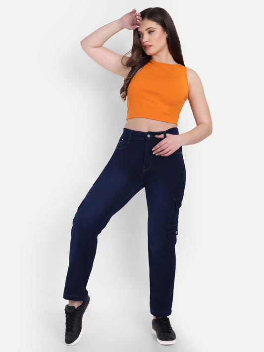 Dickkny Dark Blue High Rise Regular Denim Blend Cargos