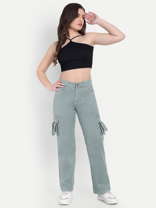Dickkny Pista Green Color High Rise Regular Denim Blend Cargos