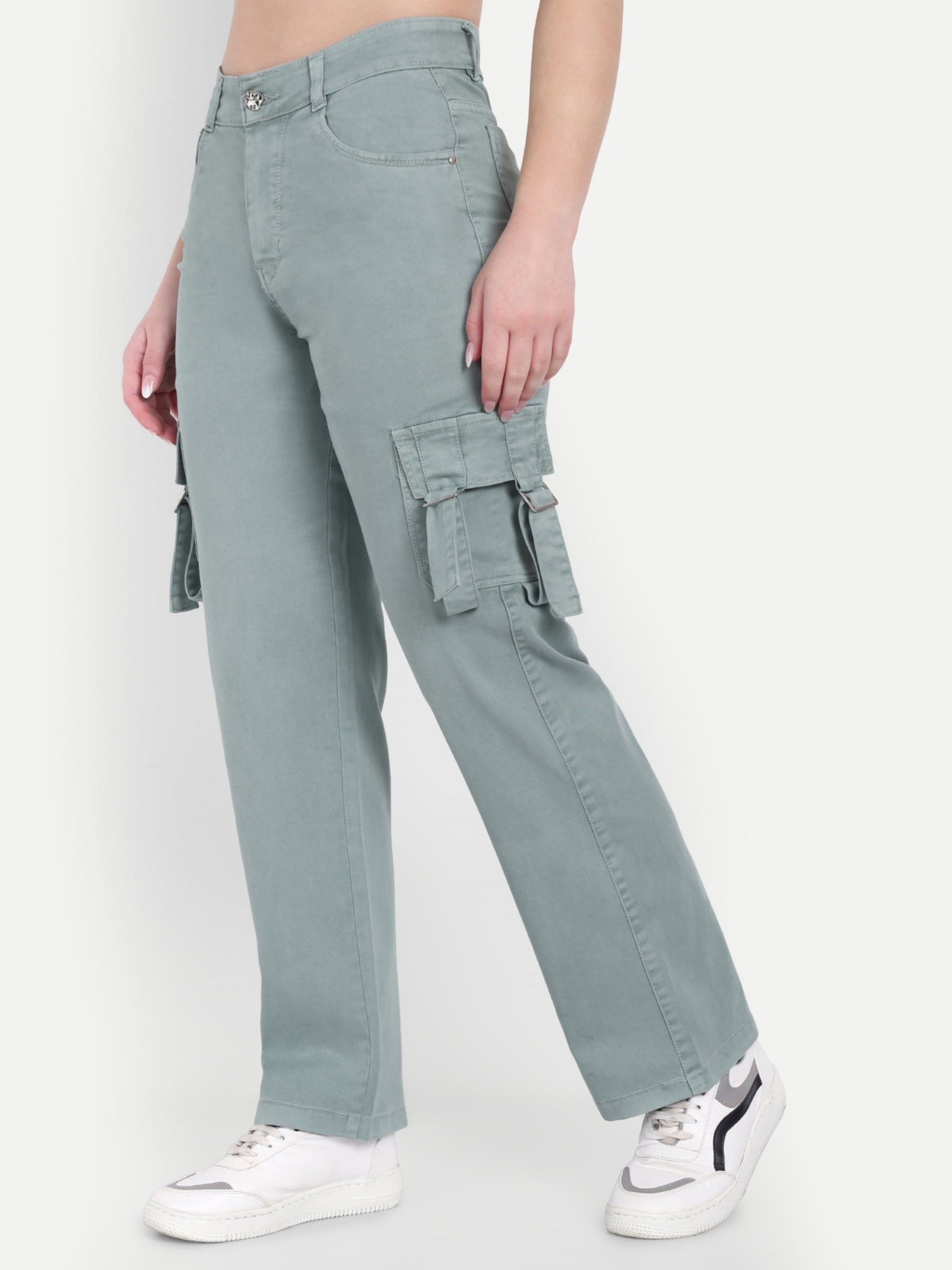 Dickkny Pista Green Color High Rise Regular Denim Blend Cargos Side