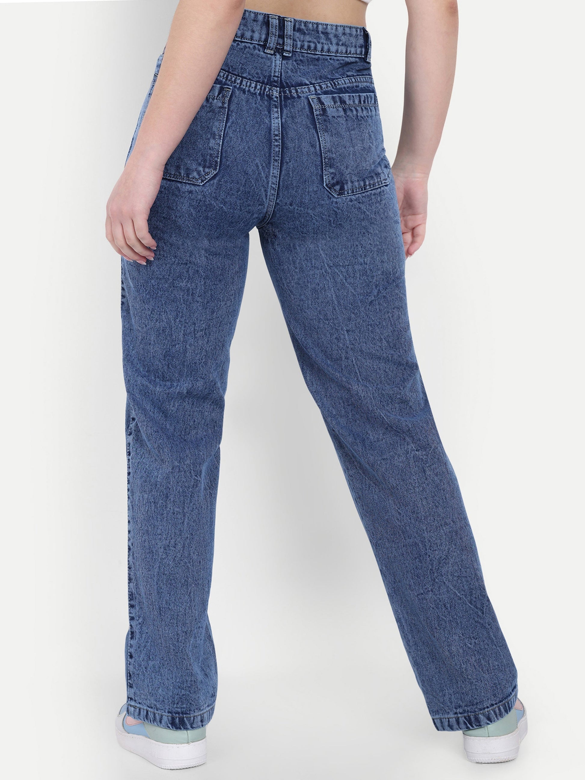 Dickkny Relaxed Fit Blue High Rise Regular Cotton Denim Jeans Back