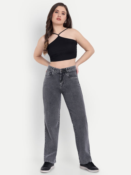 Dickkny Relaxed Fit Grey High Rise Regular Cotton Denim Jeans