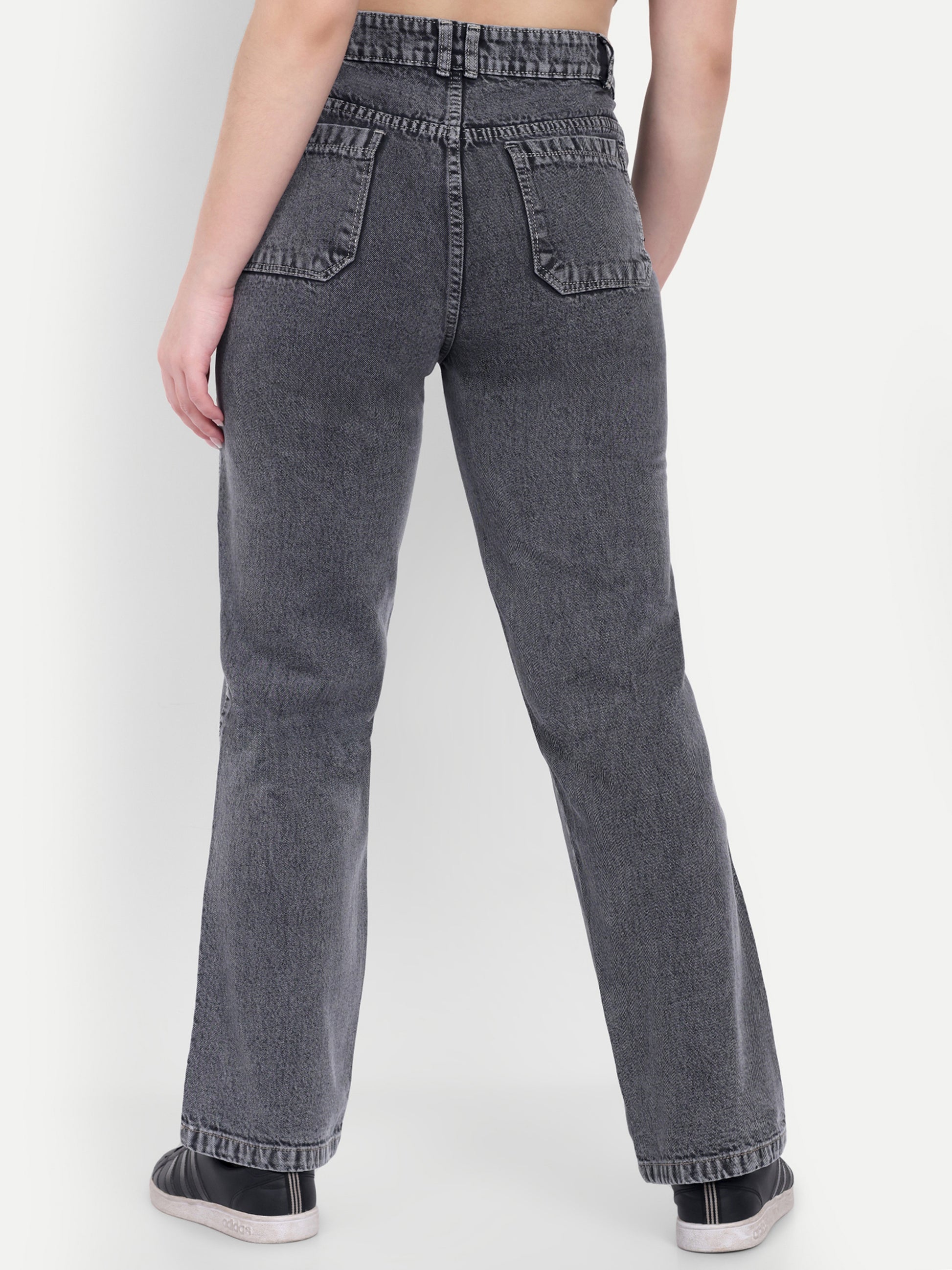 Dickkny Relaxed Fit Grey High Rise Regular Cotton Denim Jeans Back View
