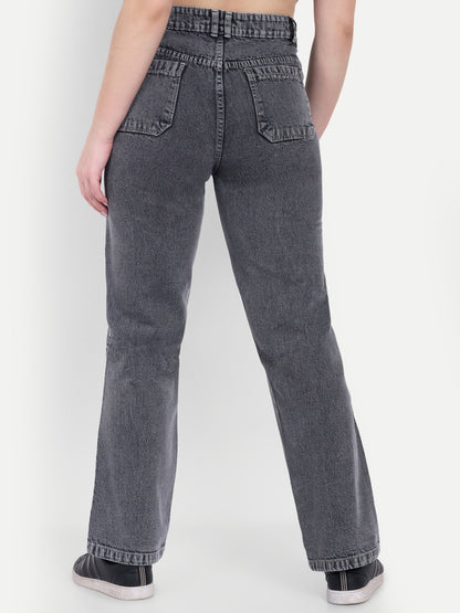 Dickkny Relaxed Fit Grey High Rise Regular Cotton Denim Jeans Back View